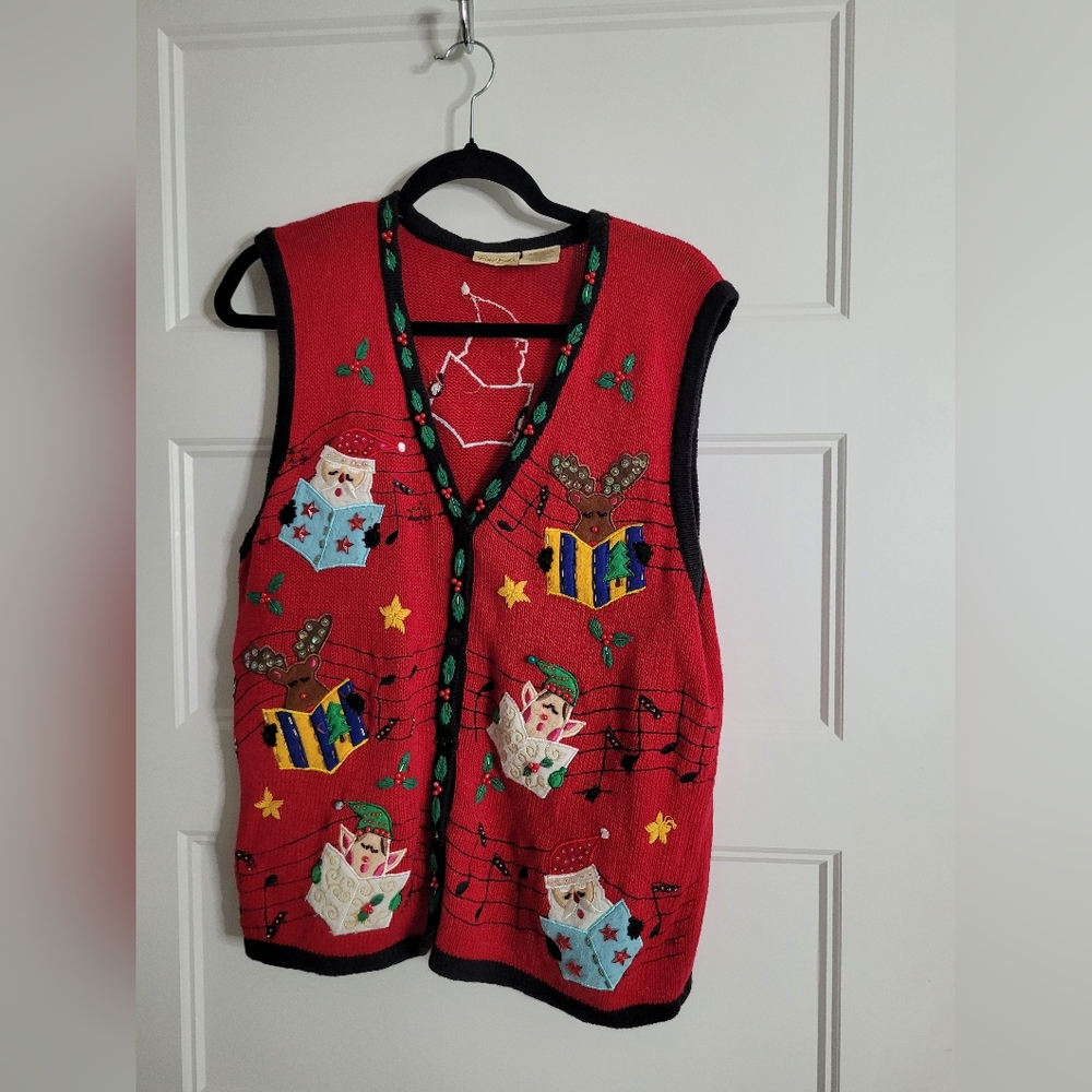 Bobbie Brooks Vintage Christmas Festive Holiday Sweater Vest with Musical Notes